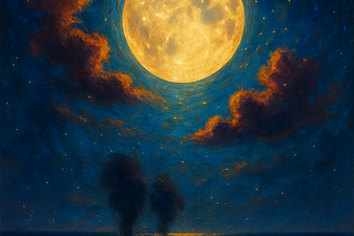 AI generated painting of a luminous full moon above the ocean, with soft moonlight reflecting on the water. Two shadowy figures stand on the horizon.