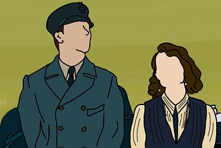 A cartoon sketch of Will Poulter as Bobby Jones (left) and Lucy Boynton as Lady Frankie Derwent (right). Art by Monique Boodram.