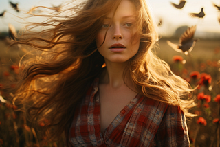 A young woman with long brown hair blowing in the wind stands in a sun dappled field full of flowers and flying birds.