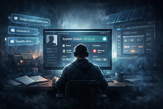 A lone designer sits at a desk in a dark, atmospheric room, facing a glowing monitor that displays a simplified system health dashboard reading “System Status: All Good.” Floating UI panels and prompt-like text surround the screen, suggesting AI-generated design and rapid iteration.