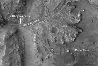 An image of the portion of Jezero Crater, Mars that is being explored by the Mars 2020 Science Team. The base image, including the scale bar, was created using NASA’s publicly available Perseverance Rover Location Map tool. The geological feature labels and arrow were added by the author. The white arrow indicates the approximate location of the Cheyava Falls sample within Neretva Vallis.