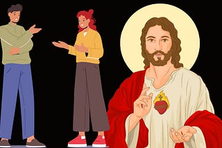 Canva graphic images of a man and women standing together talking next to an iconic image of Jesus with a golden circle behind his head, icon-style, waring a red and beige robe, hoding one finger up and the other hand open. His hair and beard are brown, skin pale, and there’s a heart hanging around his neck. Hes welcoming but not smiling.