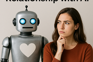 A realistic photo-style image featuring a young woman with long brown hair and light skin, standing next to a silver retro-style robot with glowing blue eyes. The woman is wearing a burnt orange sweater and looks thoughtfully at the robot with her hand on her chin. The robot has a friendly appearance with a white heart symbol on its chest. Above them, bold black text reads: “What’s Your Relationship with AI?” The background is neutral beige, giving the image a clean and modern feel.