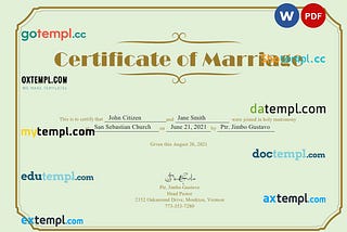 USA Marriage certificate template in Word and PDF format