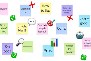 A collection of sticky notes and emojis related to evaluation (graphs, ticks and crosses, etc)