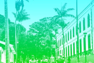 People walking on a street with palm trees with blue, green, yellow overlay