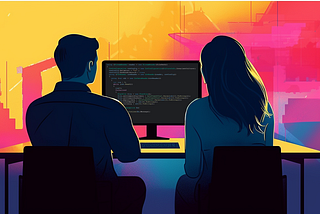 An illustration of two people looking at a computer screen full of code together