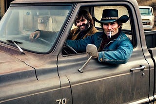 Two rowdy cowboys in a 1970s pickup truck with hats and cigarette