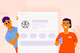 Ilustración que encabeza el artículo y muestra a una persona ciega y a una persona que trabaja en Naranja X viendo el perfil de la fundación Ágora.