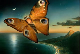 A giant moth hovers over a lit coastal town at sunset. A crescent moon above like a cup. The body of the moth is a spiral shell holding 2 figures in an embrace.