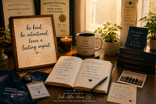 A warm writing desk with an open notebook, coffee, and softly blurred certificates in the background, symbolizing legacy beyond achievements.