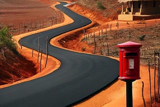 A freshly laid road snakes through the red soil in a village in the dry zone. There is a wooden pole on the side of the road on which a red mailbox has been mounted. There are a few thatched-roof huts by the road.