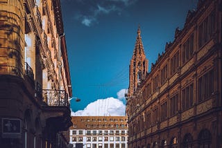 Strasbourg city. Blue sky and lazy afternoon, Notre Dame at distance.