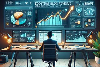 Man at a computer with a graph going up — How to Boost Your Blog Revenue with Flickify and Humix