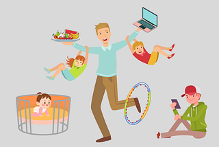 A cartoon illustration of a multitasking parent balancing various activities. The parent is juggling a laptop and a platter of fruits in one hand while holding two children in the other. One child is laughing, another is enjoying the ride, and a third child is in a playpen. The parent also has one leg inside a hula hoop, while another older child sits on the floor using a smartphone.