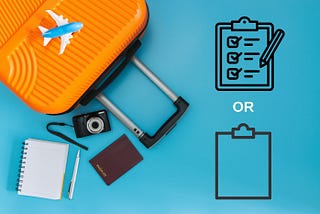 Photos of luggage and some contents alongside one clipboard with lot of checkmarks activities and another clipboard that’s blank.