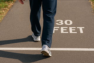A person walks along a clearly marked 30-foot path on a sunlit paved trail, starting at the “0” line and heading toward the “30 FEET” mark. Only their lower body is visible, emphasizing motion and measurement.