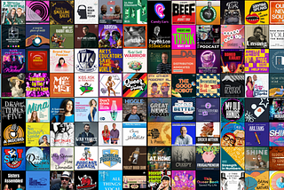 About 100 different podcast cover artworks arranged in a grid