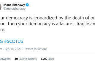 Mona Eltahawy tweet reading “if your democracy is jeopardized by the death of one person, then your democracy is a failure”