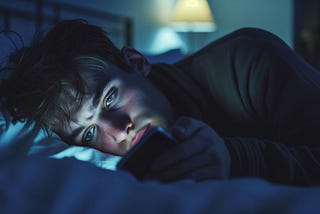Doomscrolling. FOMO. Young man lying in bed at night, checking phone with a worried and anxious expression.