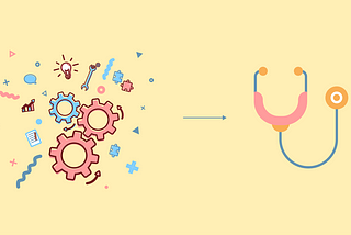 An image with illustration of gears pointing to a stethoscope, to represent design thinking process for healthcare.