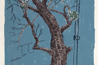 Illustration of a tree that stands outside my house. Its trunk is slightly twisted and it looks dry now in winter. The back of a car is visible in the frame on the left and an electric pole on the right.