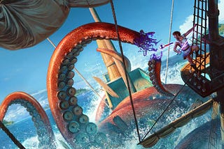 Art showing a battle on a ship, with kraken tentacles.