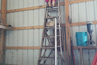 child on a ladder in shed