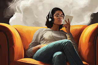 A woman listens to a podcast on her device.