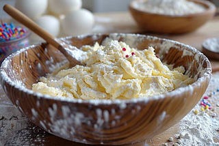 Close-up of 3-ingredient sugar cookie dough in a wooden bowl, dusted with flour, cozy homemade kitchen background