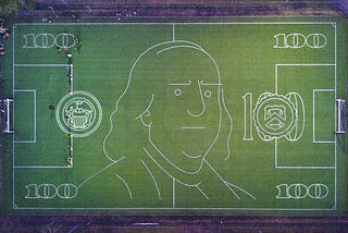 Soccer field with 100 dollar bill markings.