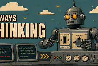 Hero illustration of retro robot at Claude Fable 5 control panel with missing thinking toggle and effort dial