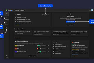 Home Page Screenshot of Requestly App. On Left its showing HTTP Rules, Mock Server & Sessionbook links. First widget on homepage is Rules with action create new rule. Second section on homepage is Mock Server, allows user to create API Mocks.