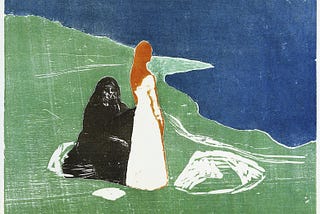 A painting of two figures standing on green land beside blue water