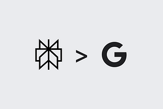 The image shows the Perplexity logo, resembling a geometric flower or star, positioned to the left of a “greater than” symbol (>) pointing toward the Google logo, represented by a bold “G.” This composition suggests a statement that Perplexity is “greater than” or preferred over Google, with a minimalist light gray background.