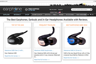 Screenshot of EarphonesSolutions website featuring high-end Westone earphones