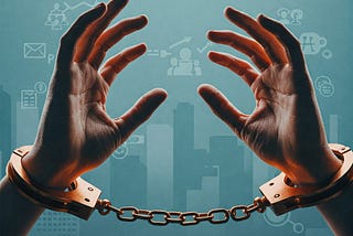 Bronze handcuffs in front of technical imagery