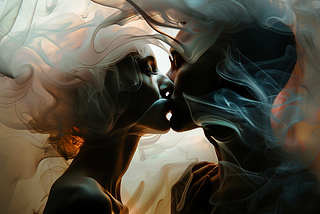 Two ethereal beings engaged in a kiss, surrounded by swirling, mist-like forms.