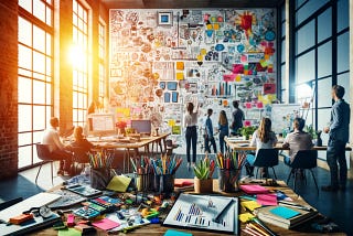 A vibrant creative workspace with colorful sticky notes, sketches, and diagrams on a wall. People are brainstorming, discussing ideas, and one person is drawing on a whiteboard. The atmosphere is energetic and filled with sunlight streaming through large windows.