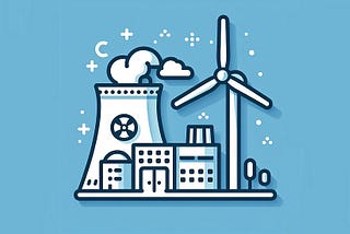 A stylized nuclear power plant and wind turbine