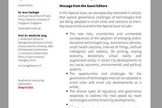 Special Issue on “Governance of Technology in Smart Cities”