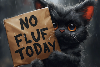 A cat holding a sign that says, “NO FLUF TODAY.” Image produced using Midjourney