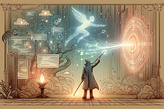 Digital art depicting a magician, symbolizing a skilled prompt engineer, in the center of a mystical scene. The magician is aiming a glowing, magical arrow towards a target resembling a conversation bubble filled with code and AI elements. The atmosphere is ethereal with digital streams and lines of code floating around.