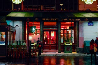 Night view on the facade of the Cafe de La Paix in Paris