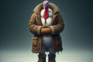 A turkey wearing a coat boots gloves in the winter.