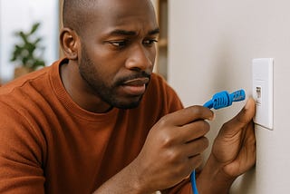 A Black man connecting an internet cable