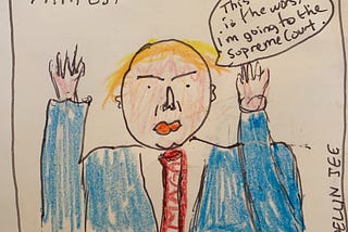 Donald Trump raising his hands while wearing a MAGA tie.