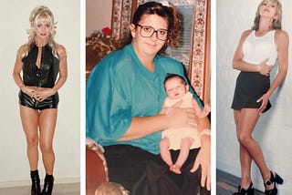 Three photos show the same woman at various stages in life looking directly at the camera. In the first photo, she is slim and tall, wearing skimpy black leather shorts, a vest, and ankle boots. Her platinum blonde hair is long and shiny. In the second photo, she is obese and holding a newborn baby. She has brown hair tied in a scrunchie, and she is wearing glasses, a green top, and a black skirt. Lastly, she is slim and athletic, wearing a brown mini-skirt and white singlet top.