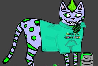 Lilac Bengal cat with bright green spots and eyes with a bright green mohawk. The full body is showing, the cat is wearing an aqua hoodie that reads “Killer Cat Bengal Club” in bright colors. The cat is smiling while holding a grenade in its mouth while stepping in green paint leaving paw prints behind. The bucket of paint reads “paint”. The cat looks sideways and looks naughty.