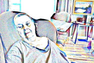 Older woman lying back in a chair, exhausted